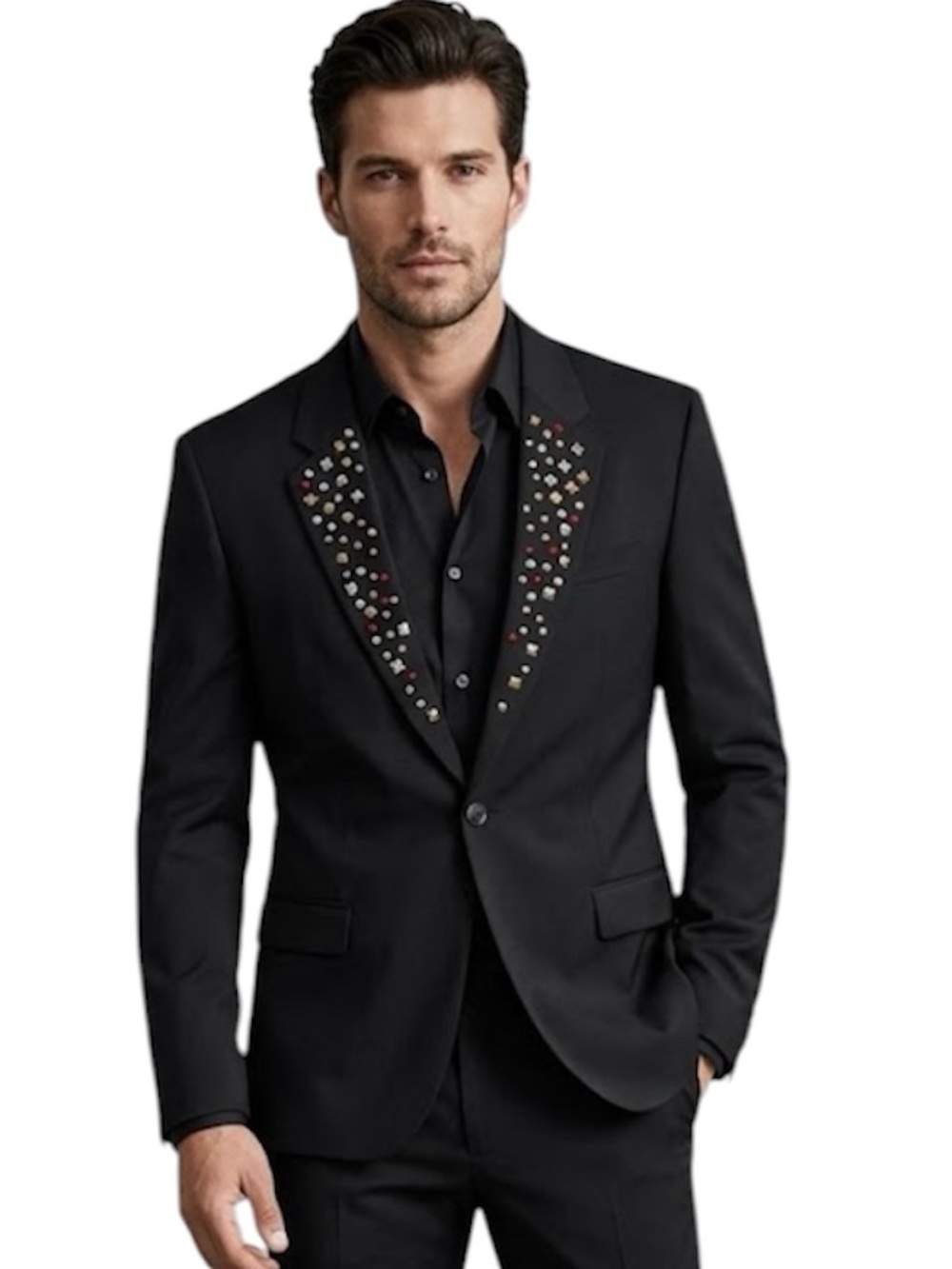 NWT HUGO Boss Hannes Slim Fit Studded Jacket Black Lapels 42 Reg
